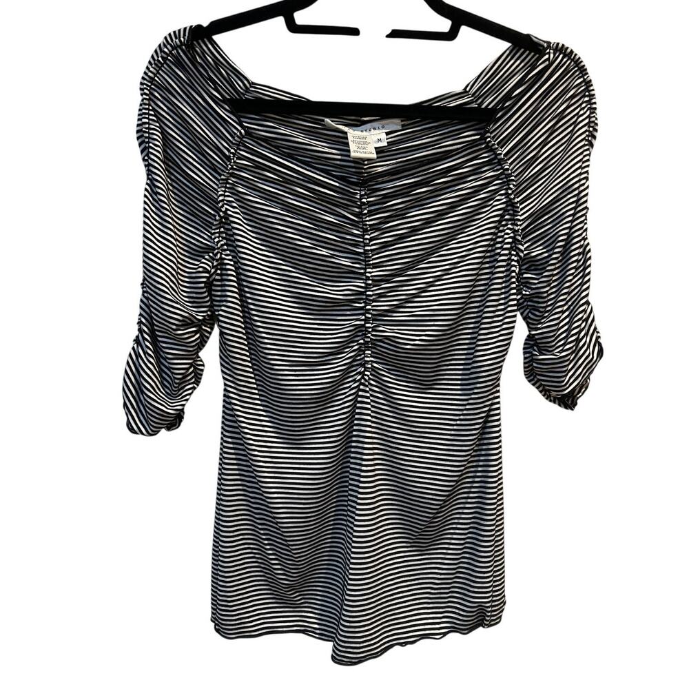 Max Studio women's top ruched black and white striped boat neck stretch MEDIUM